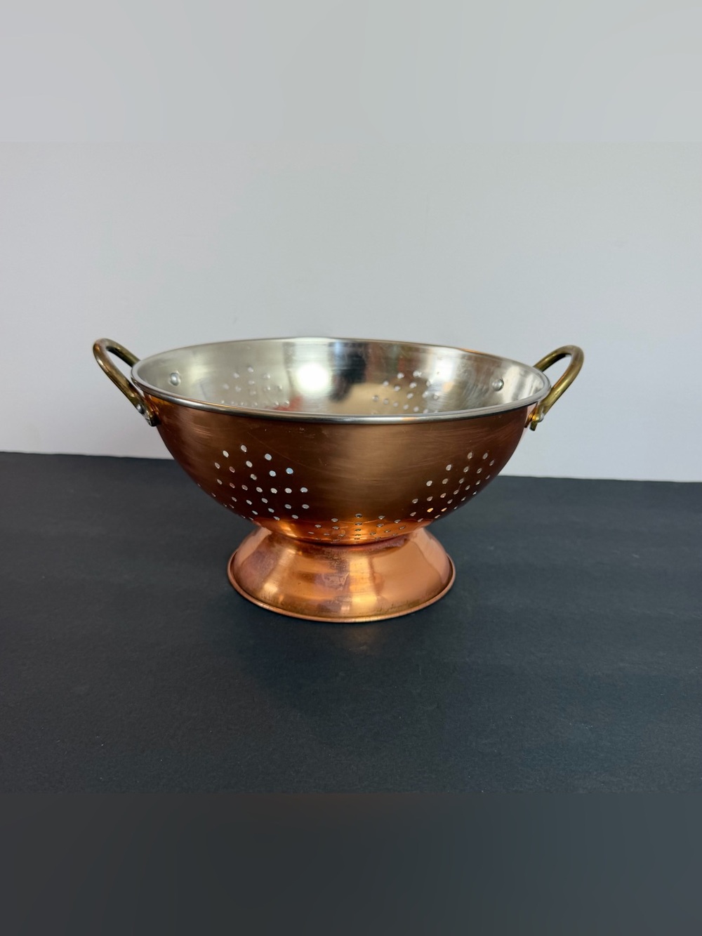 Vintage 9” Copper Colander Strainer w/ Brass Handles Tinned Interior Taiwan